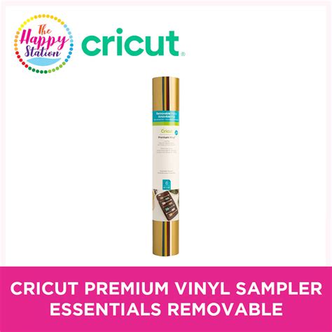  Cricut Premium Vinyl Removable 30x30cm 6-Sheet Sampler (Essentials); 6 sheets 12” x 12” (30.5 cm x 30.5 cm) in Gold, Midnight Blue, Mustard, Wine, Coffee, Cream; Removes without residue; Lies flat so you can cut with ease and accuracy; Easy to weed, effortless to apply